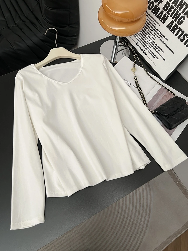 

Pure Cotton White Long Sve Women's T-irt Spring 2026 New plus Size Loose V-ne Base irt Slimming Effect Korean Sle