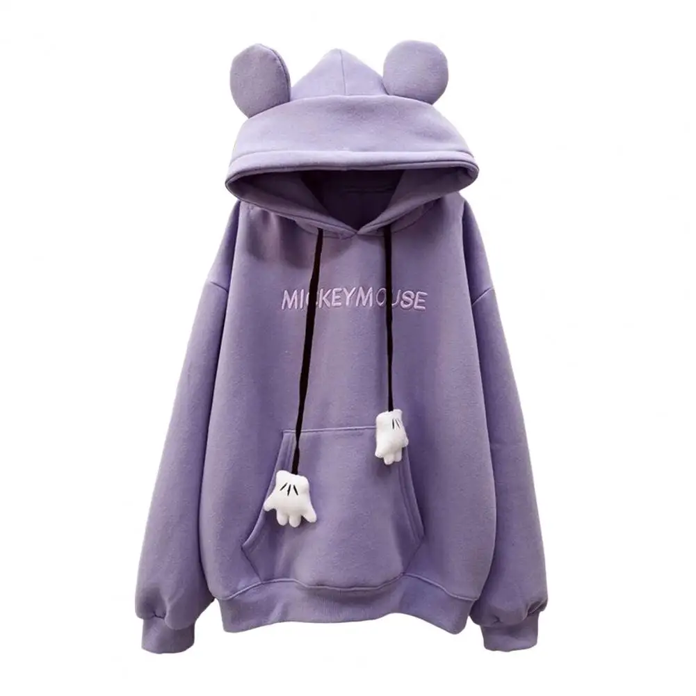 Cute Fall Winter Women Hoodie Cartoon Ear Decor Drawstring Pocket Thick Loose Pullover Warm Letter Embroidery Sweatshirts Top