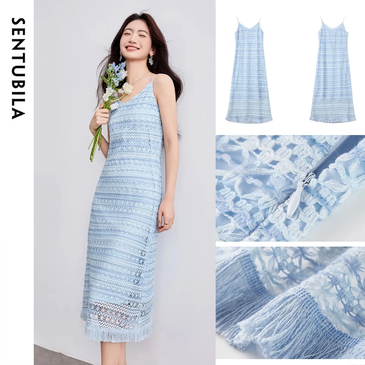 

SENTUBILA Summer Tassel Crochet Dresses Woman 2025 Bohemian V-neck Vacation Ladies Slip Long Dresses Female Clothes 152LD2629