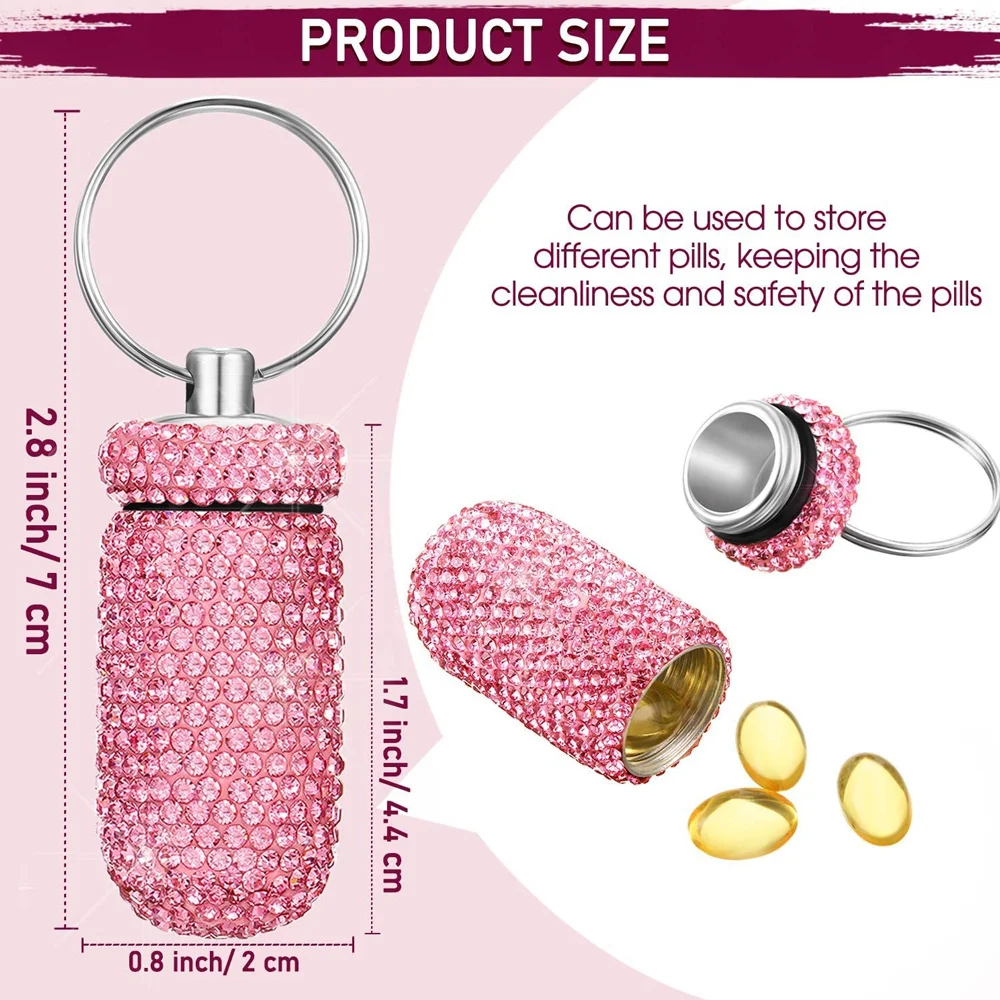 Bling Rhineston Pill Container Portable Pill Bottle Case Waterproof Travel Medicine Box Beautiful Holder Storage with Keychain