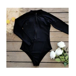 Bañador de manga larga para mujer, ropa de surf de una pieza, cubierta elástica, adelgazamiento del vientre, Bikini Sexy, traje de buceo negro sólido