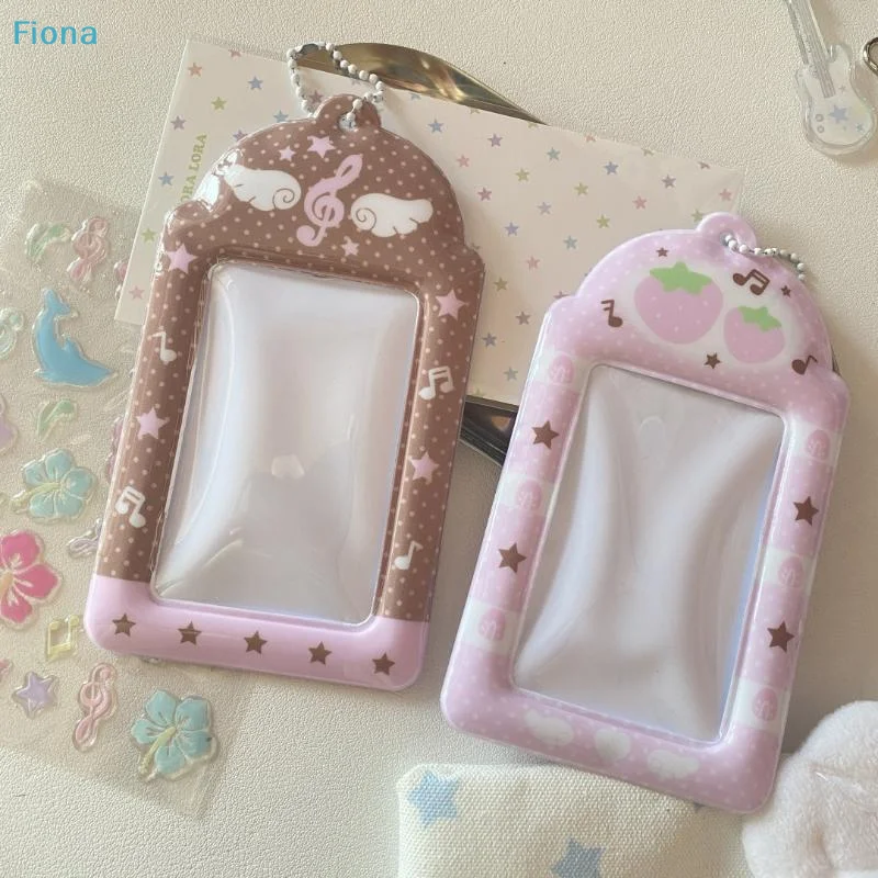 ✄1Pcs Grid Strawberry 3inch Photocard Holder Sweet Pink Notes Wings Card Cover Display Pendant Card Holder DIY INS Photo Cover