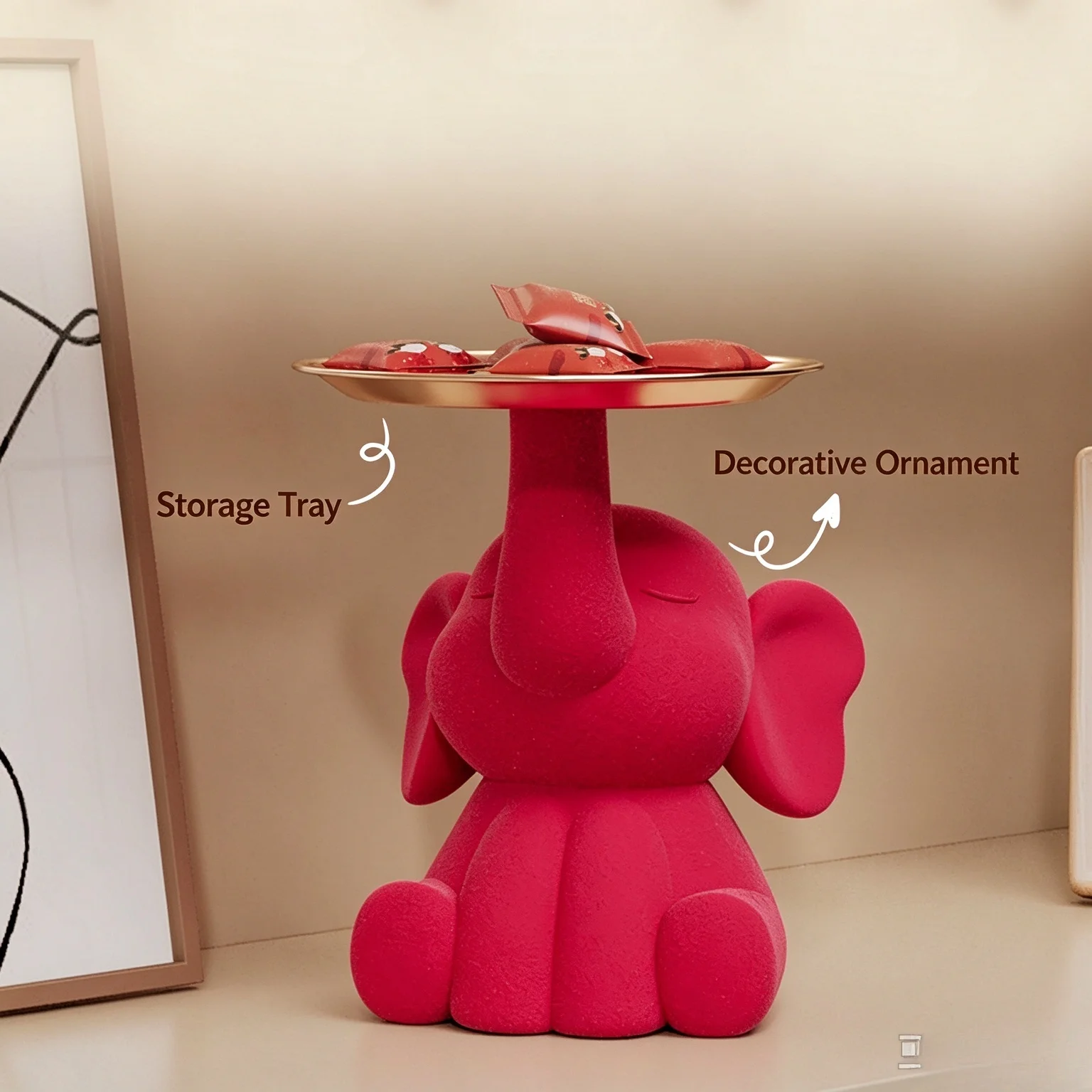 Cute Flocked Red Elephant Resin Tray Decor, Home Tabletop Storage Holder for Keys Small Items, Art Figurine Ornament