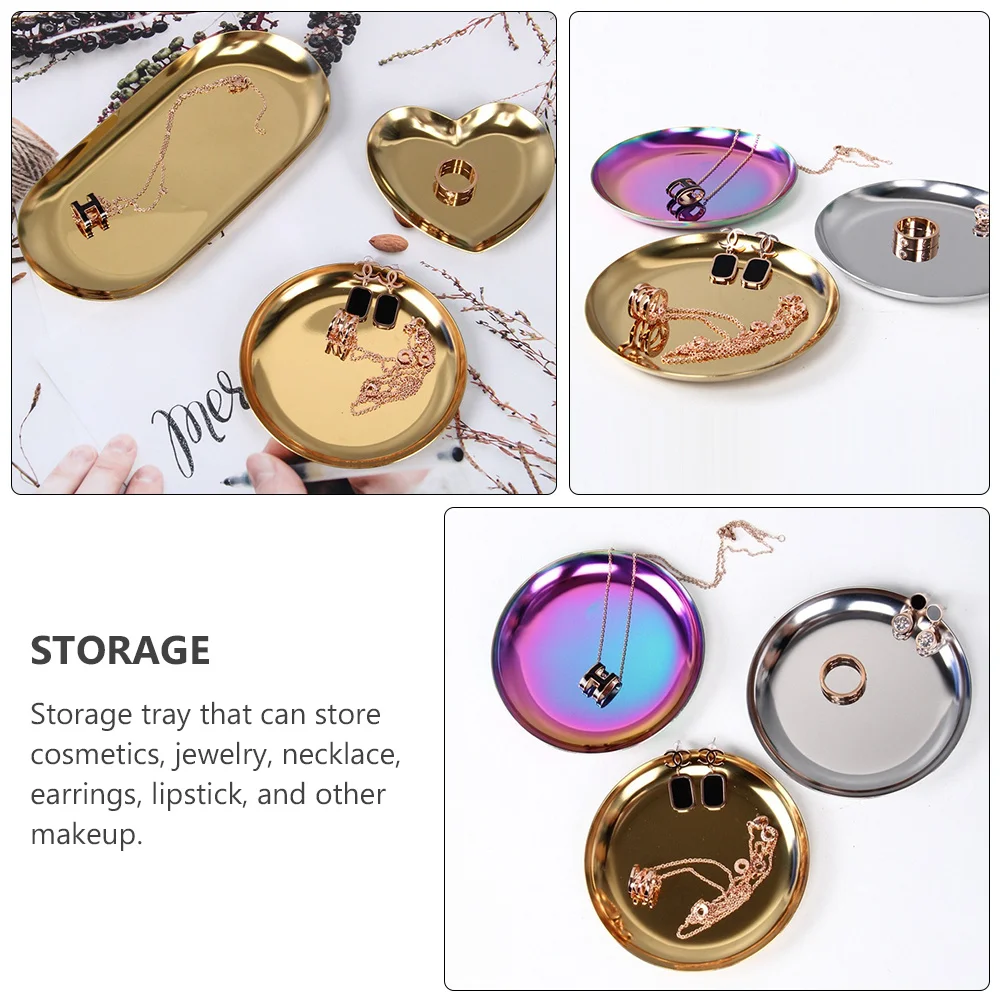 

3pcs Jewelry Storage Tray Stainless Steel Golden Small Trinket Organizer For Cosmetics Necklace Ring Earring Holder Home Decor