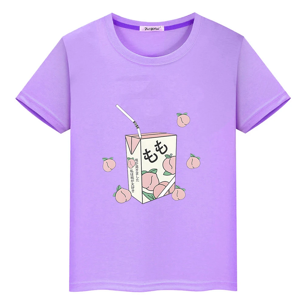 Japanese Peach Juice Cartoon T-shirt Children Kawaii Graphic Tee-shirt 100% Cotton Summer Comfortable Tshirt Boys and Girls Tees