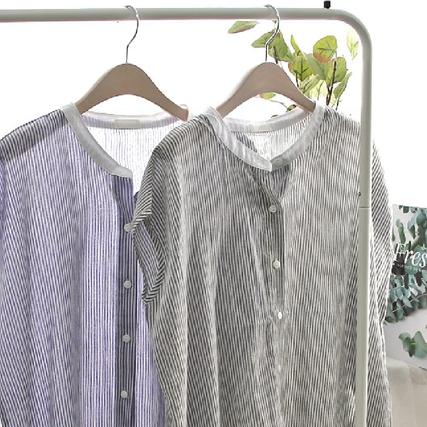 ملابس صيفية فضفاضة مخططة للنساء مقاس كبير وياقة واقفة وزر واحد، ملابس عصرية بالإضافة إلى مم