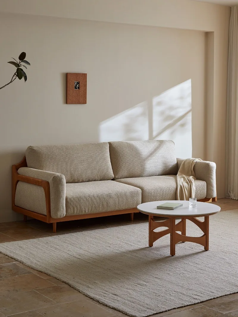 Nordic solid wood living room full solid wood cherry wood modern fabric three-seater sofa
