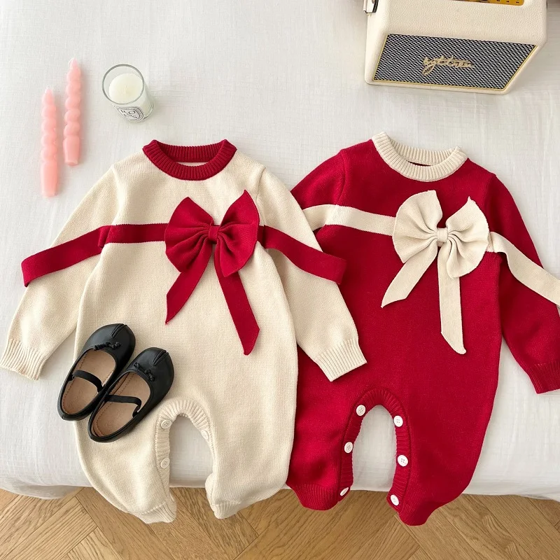 

Cute Baby Girl Clothes 0-2Years Newborn Princess Long Sleeve Bow Knitted Sweater Romper Birthday Party Jumpsuit Playsuit Outwear