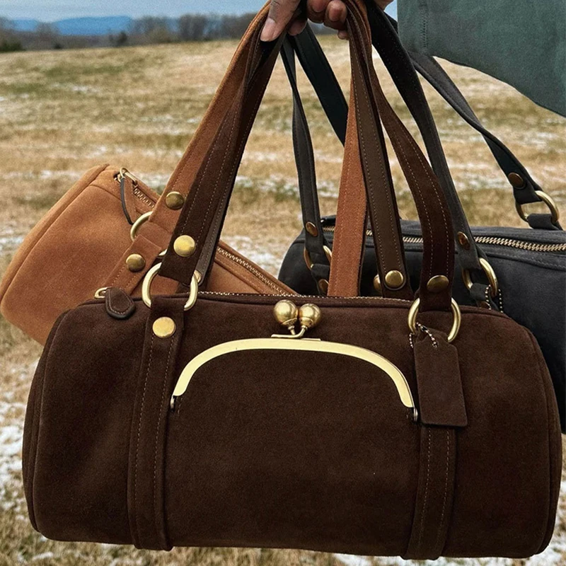 

Women Frosted Kisslock Barrel Pillow Bag, Brand Boston Handbag Casual Underarm Bag Metal Rivet Decor Luxury Retro Shoulder Bag