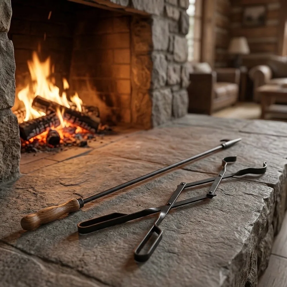 Fireplace Poker with Matching For Tongs Set Made from Heat Resistant Alloy 45x15x5cm Black for Indoor Fireplaces