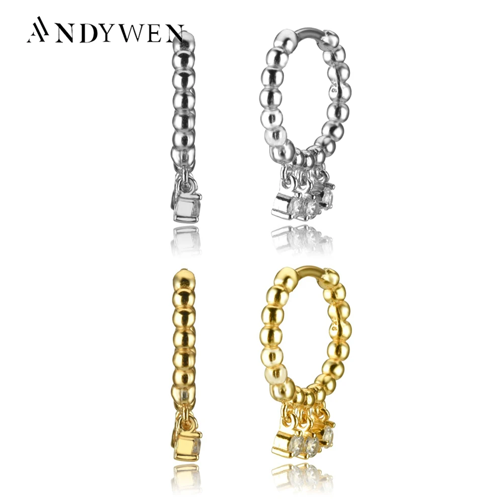 ANDYWEN 925 Sterling Silver 9.5mm Pendiente Hoops Crystal Beads Circle Rock Punk Round Women Luxury Jewelry 2020 European Silver