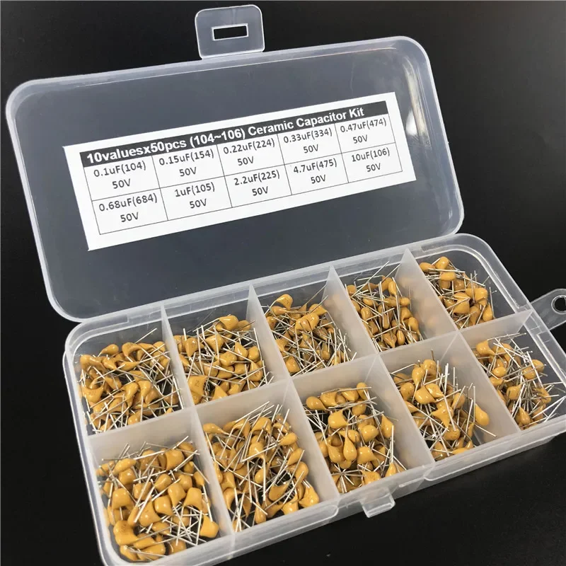 500pcs 10Valuesx50 0.1uF~10uF (104~106) Multilayer/Monolithic Ceramic Capacitor Assorted kit with storage box