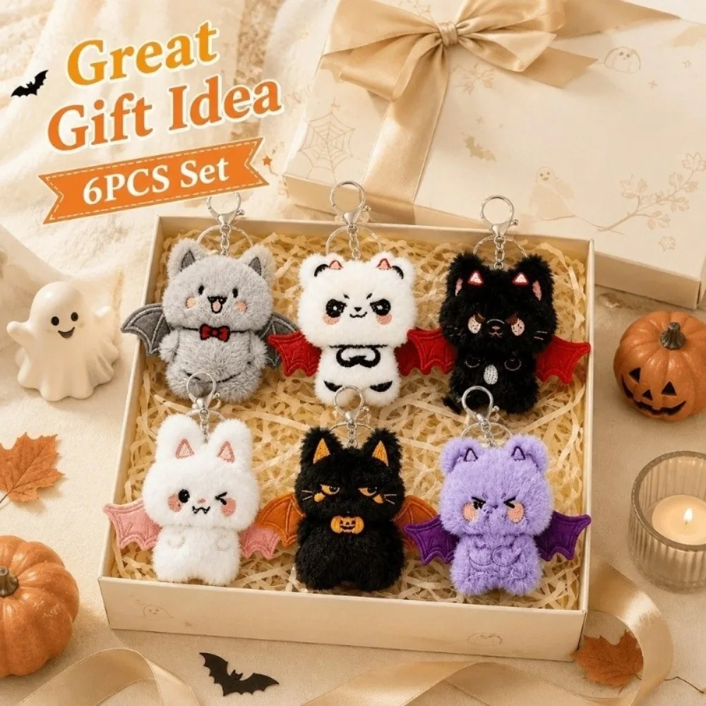 6pcs Halloween Decoration Kawaii Halloween Keychains Pendant Rabbit Stuffed Animal Bear Cat Bat Key Chain Halloween Party