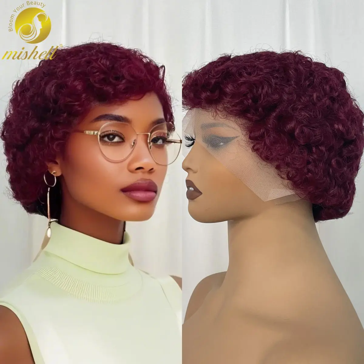 

Burgundy Short Curly Pixie Cut Wig Bob Wigs 13x4 Lace Frontal Curly Wigs Brazilian Remy Human Hair Wigs For Black Women
