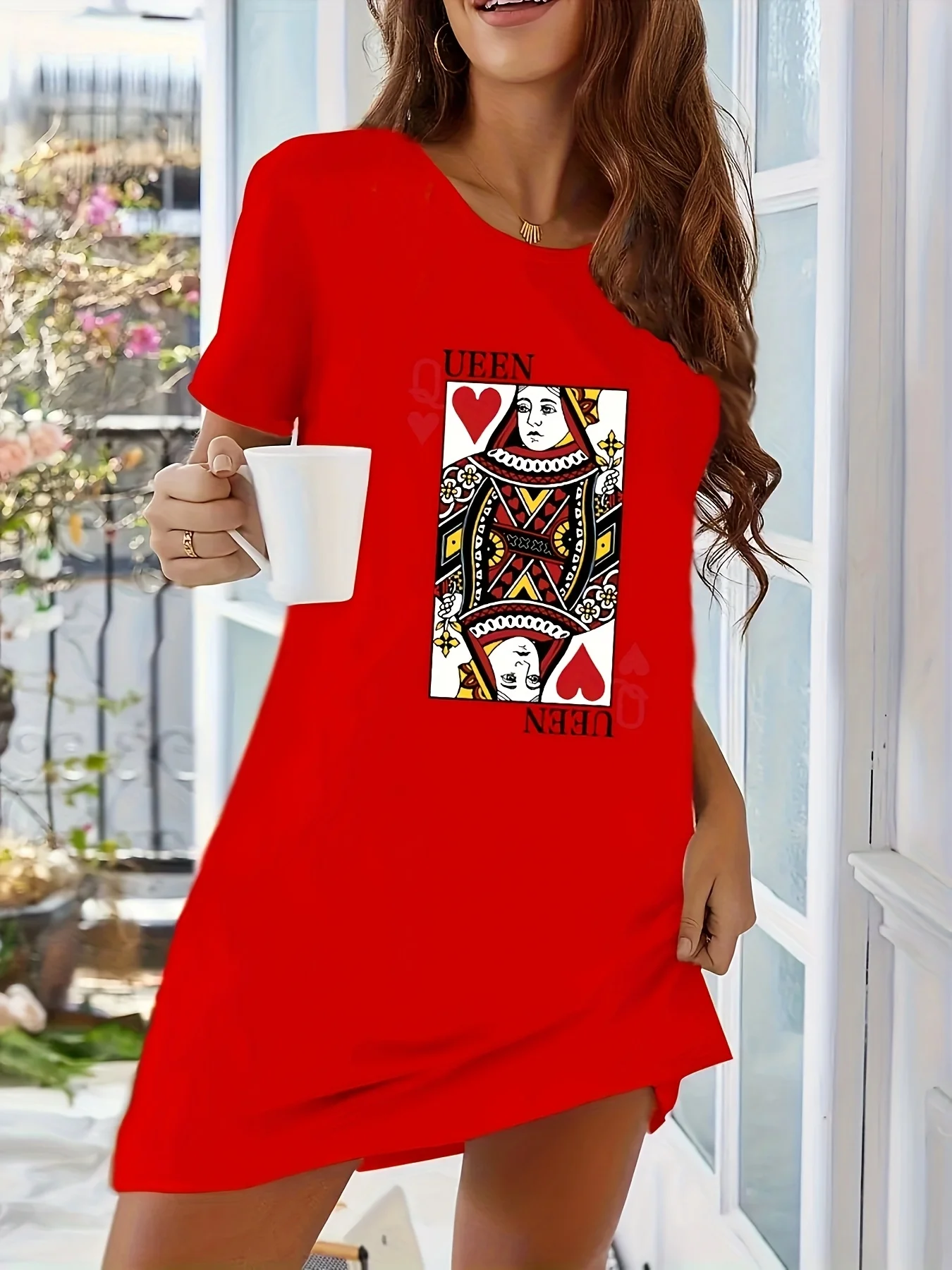 

Women Queen of Hearts Card Print Nightdress Short Sleeve Round Neck Comfortable All-Season Casual Homewear Stylish T-shirt Dress