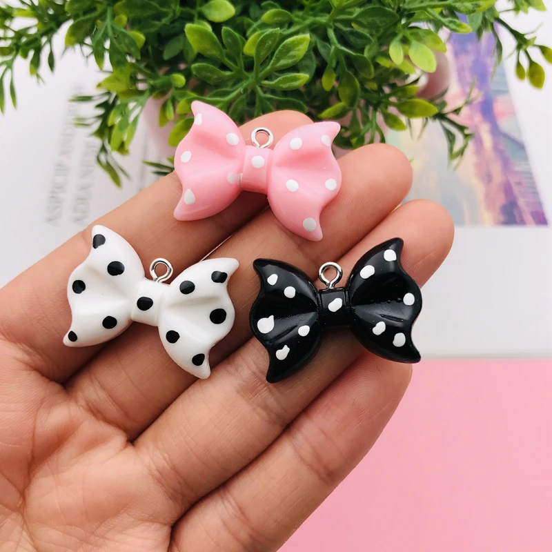 10pcs Hot Selling Resin Kawaii Bow with Dot Charm for Keychain, Earring, Scrapbooking, DIY Making, Necklace