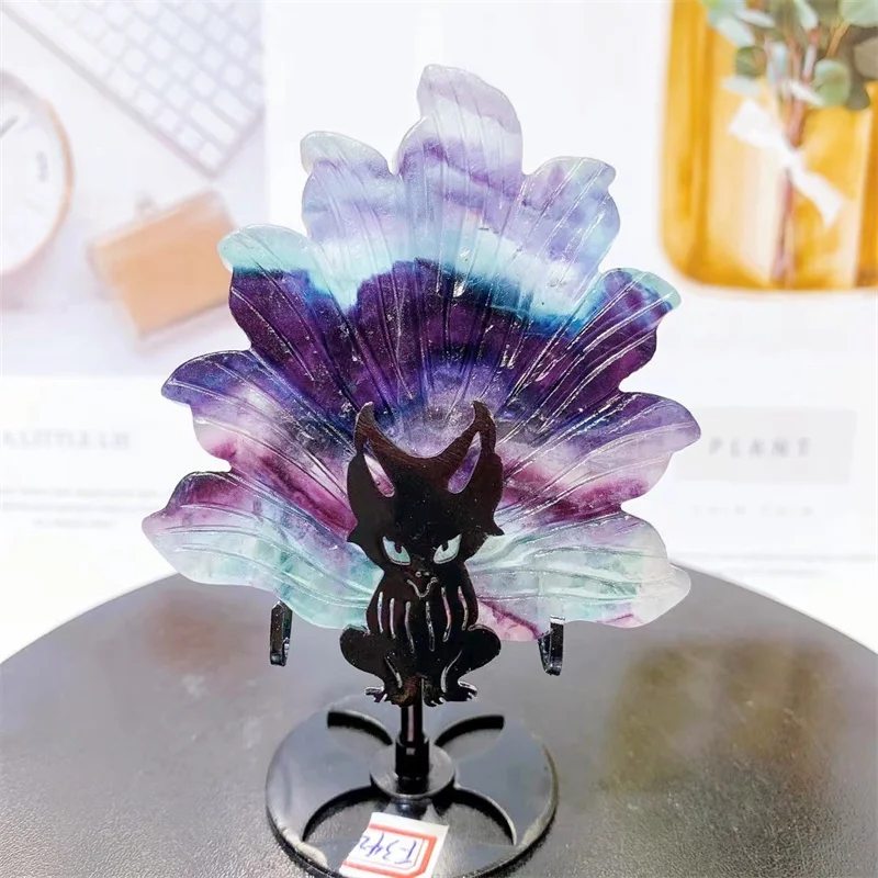 Natural Rainbow Fluorite Nine-Tailed Fox Tail Carving, Hand Polished, Healing Crystal Gift, Room and Office Decoration, 1Pc