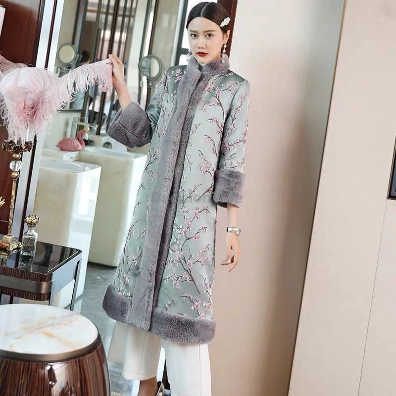 

2025 retro exquisite printed winter coat long length style temperament versatile coat chinese ethnic style daily cotton garment