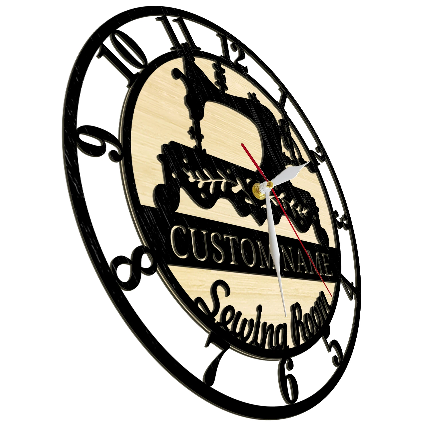 Personalized Name Sewing Machine Rustic Wood Clock for Sewing Room Custom Quilting Monogram Wooden Wall Clock Mom Grandma Gift