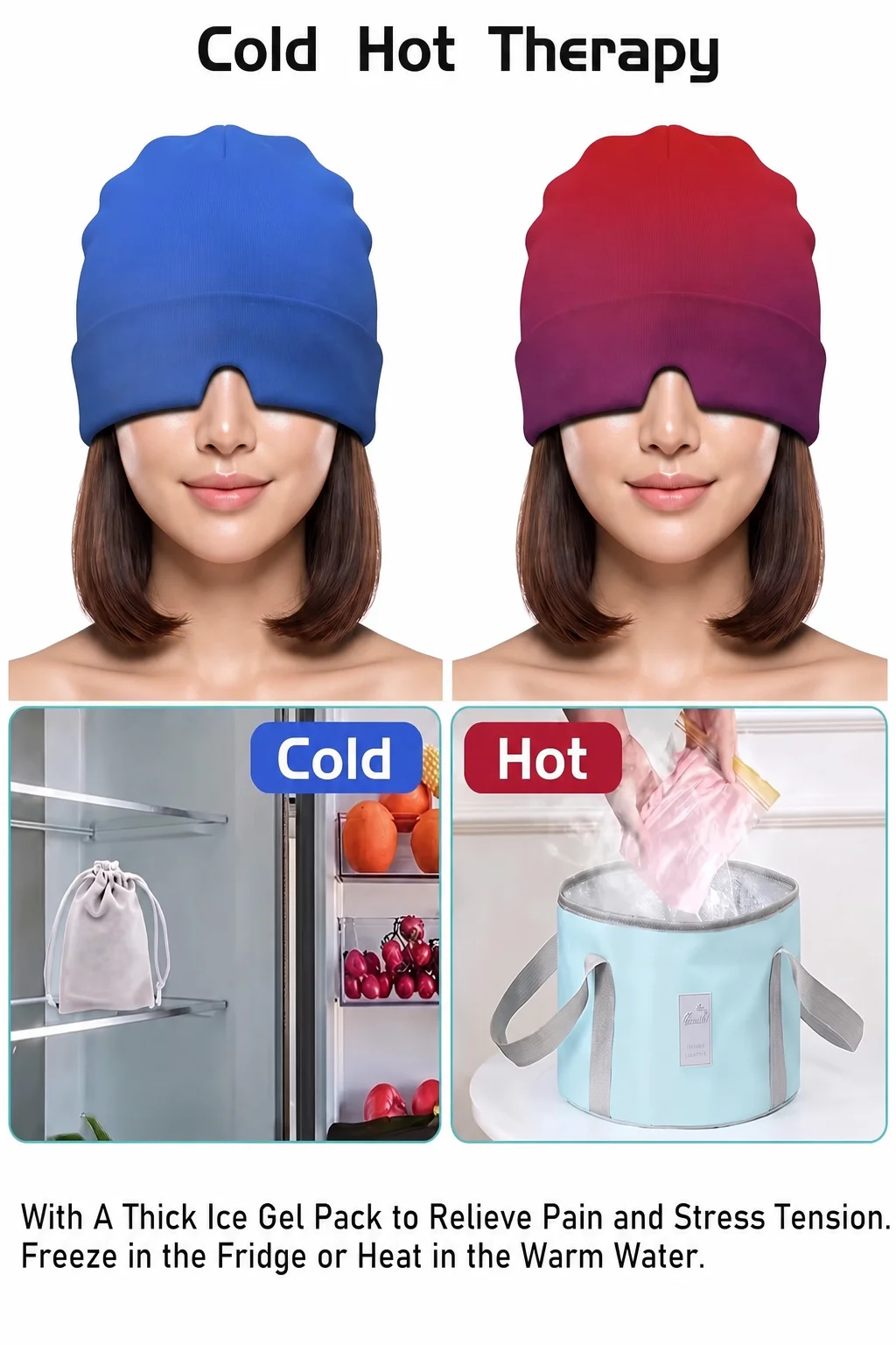 Gel Hot Cold Therapy Headache Migraine Relief Cap For Chemo,Sinus,Neck Wearable Therapy Wrap Stress Pressure Pain Relief Massage