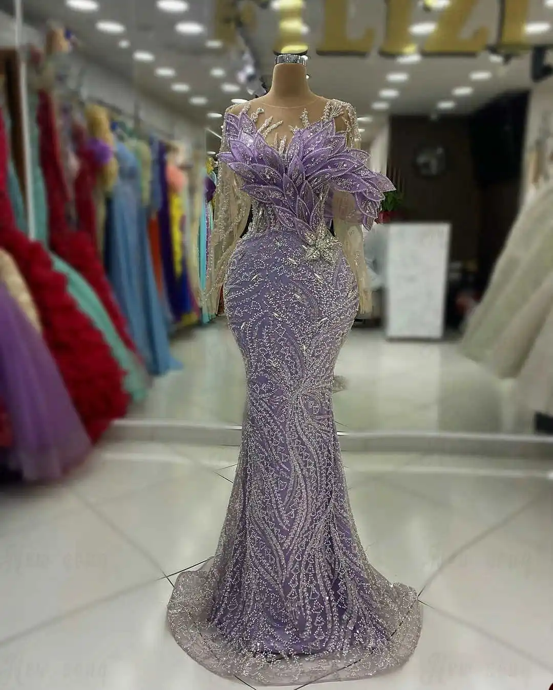 Designer Evening Dresses Mermaid 3D Appliques Beads Crystals Sequins Tulle Lace Sleeves Prom Dress Vestido De Noite Customized