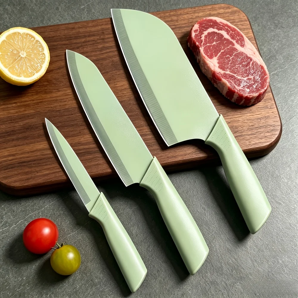 3 Piece Mint Green Non Stick Kitchen Knife Set, Food Grade Stainless Steel Chef Cleaver Paring Knives with Ergonomic Non Slip Handle, Sharp Rust Resistant Cooking Knives for Meat Steak Fruit Vegetable Cutting