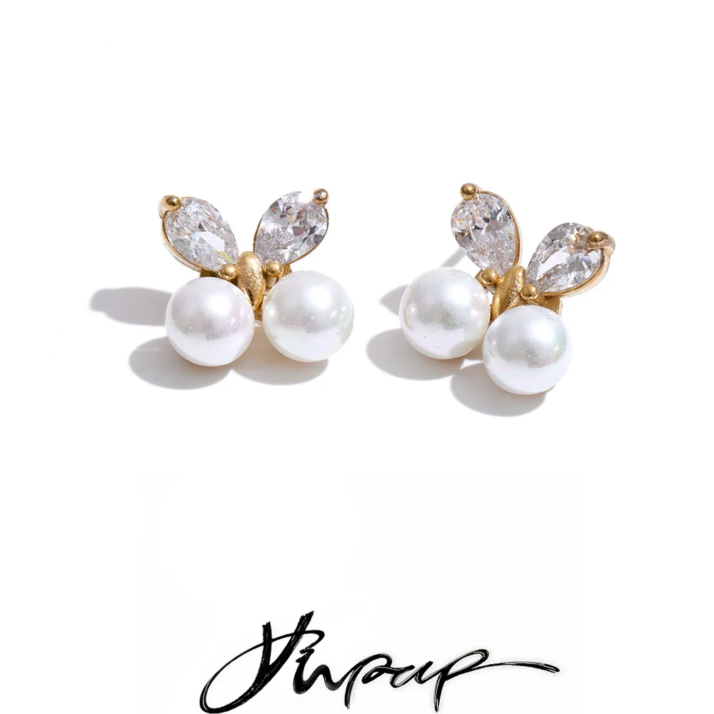 Yhpup Edelstahl Bling Zirkonia Perlen Schmetterling Kleine Ohrstecker für Damen Täglich Stilvoll 2026 Zierlicher Frischer Schmuck