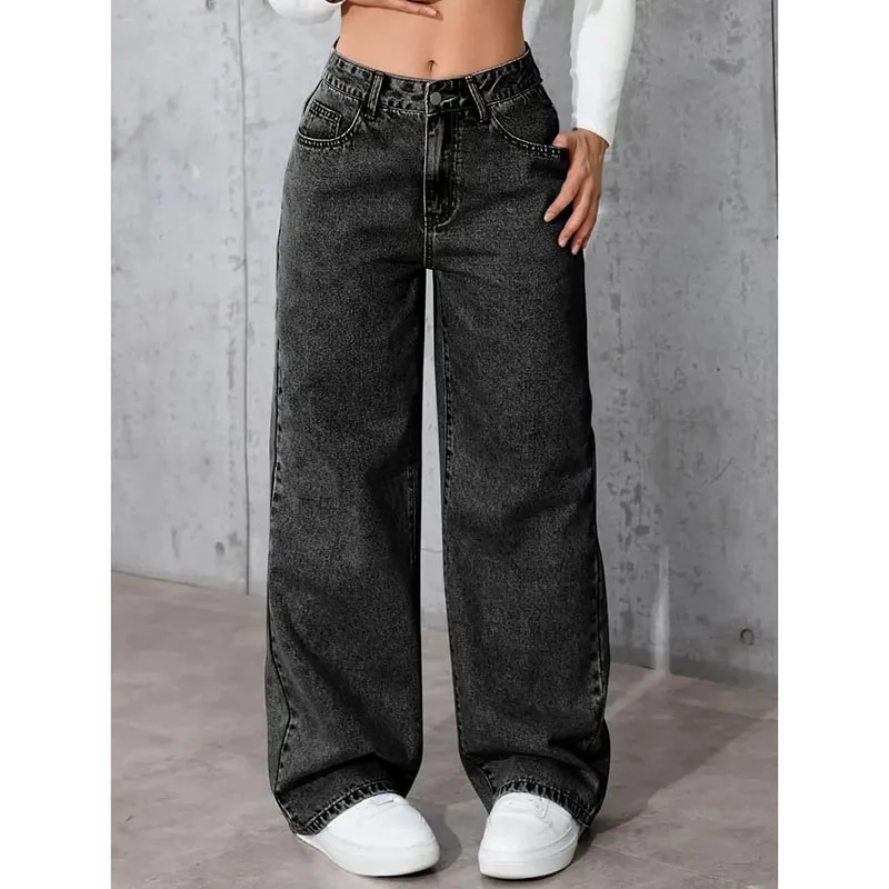 Hot Sale Lady Classic Black Wide Leg Jeans Girls High Waist Comfy Denim Trousers Lady Fashion Baggy Versatile Pants