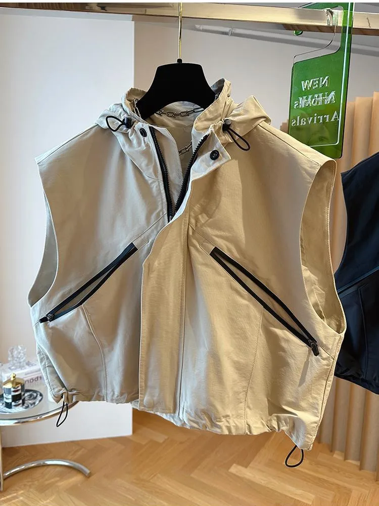 2025 ฤดูใบไม้ผลิใหม่ฤดูใบไม้ร่วง Casual Hooded Design Sense สุภาพสตรีเสื้อกั๊กเสื้อสีทึบ Streetwear All-Match ผู้หญิงเสื้อกั๊กเสื้อ