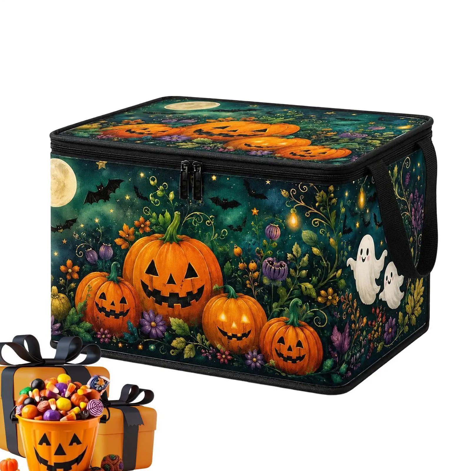 Halloween Storage Containers With Handle Large Capacity Foldable Spooky Party Box Halloween Decorative Basket Bin With Lid For
