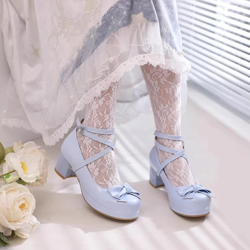 

Женские туфли-лодочки на блочном каблуке в стиле Лолита с круглым носком и бантом, цвета шампань/голубой/черный, большие размеры, для вечеринок, Q-939