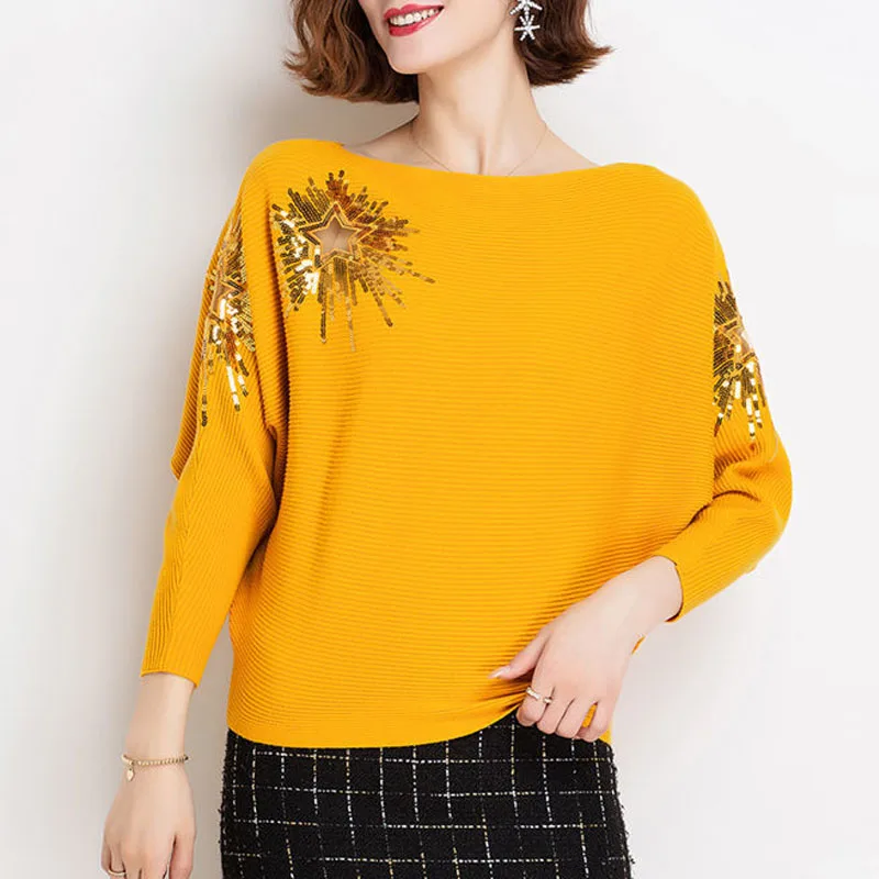 All-match Fashion Sequins Spliced Solid Color Knitted Tops Spring New Women's Batwing Sleeve Hollow Out Slash Neck Pullovers