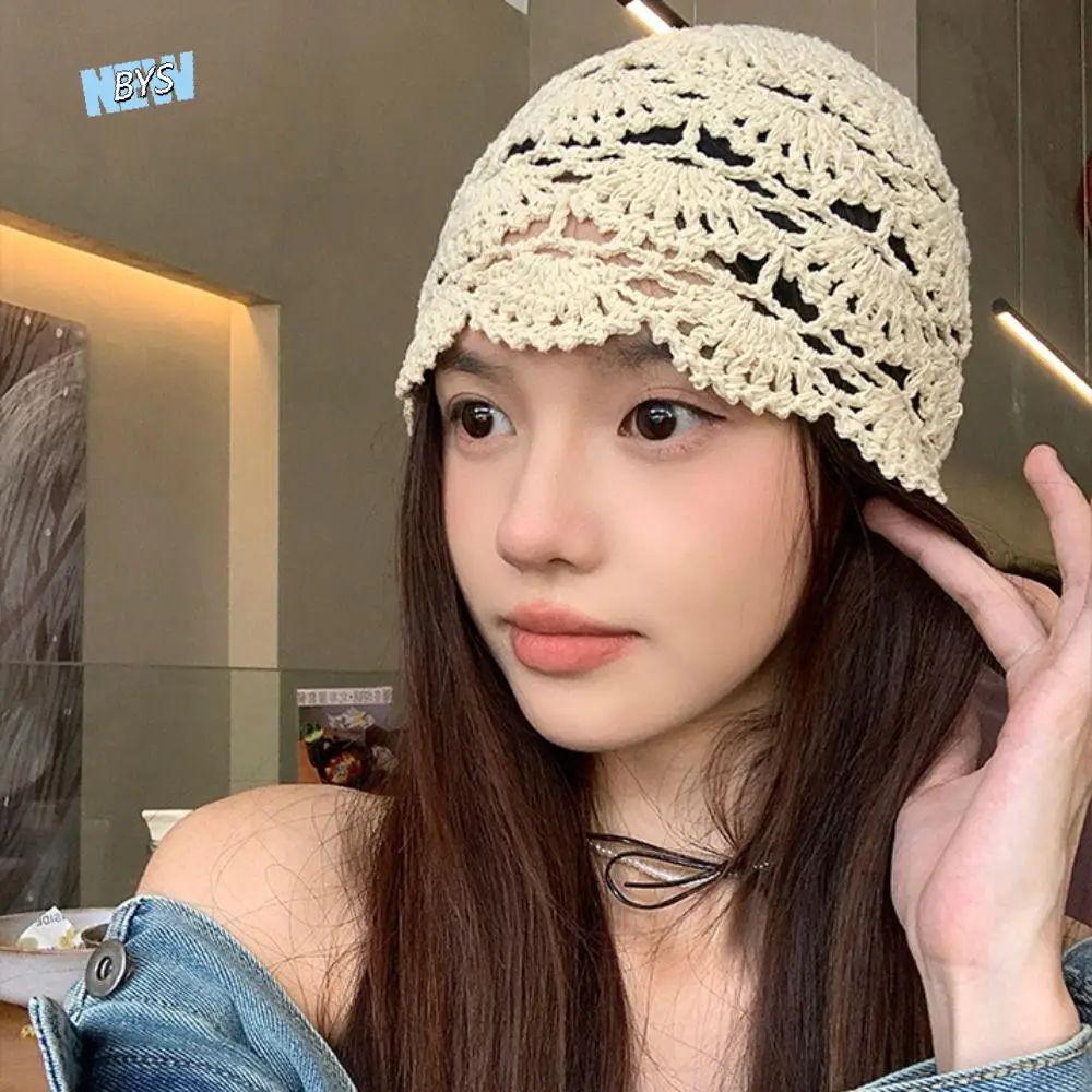 

Pullover Hat Bohemian Hollow Knitted Beanies Hat Sweet Weave Korean Crochet Cap Elegant Handmade Casual Turban Hat Autumn