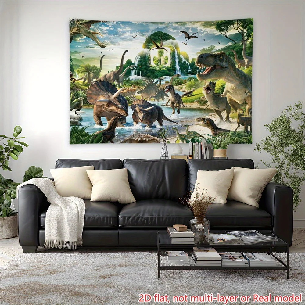 Jurassic Dinosaur Jungle Waterfall T Rex Triceratops Tapestry 2D Flat Printing Wall Hanging Backdrop for Kids Room Bedroom Decor