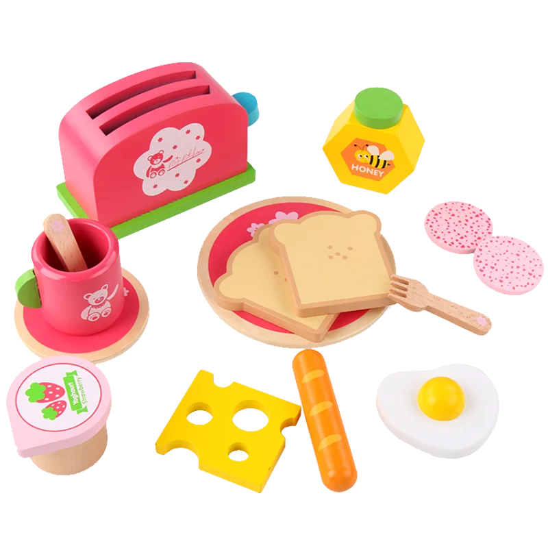 

DIY Girls Pretend Role Play Kitchen Toy Wooden Afternoon Tea Set Toys For Kids Delicious breakfast Bread Maker Montessori