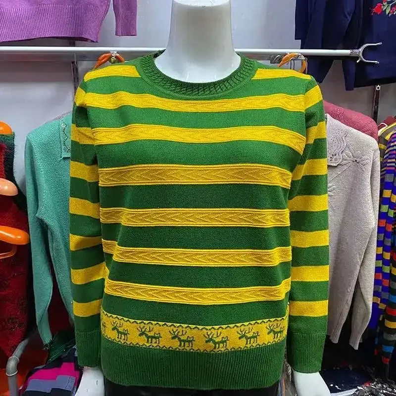 

Women's Spring Autumn Plus Size Mother Stripe Shirt Mid-Age Women Knit Base Layer Round Neck Pullover Office Tops