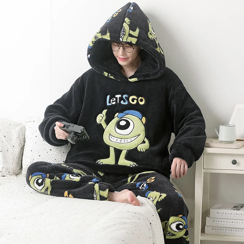 2024 New Winter Men Pajamas Set Coral Velvet Cute Cartoon Sleepwear Fleece Casual Long Sleeve Male Sleepwear Thick Warm Homewear