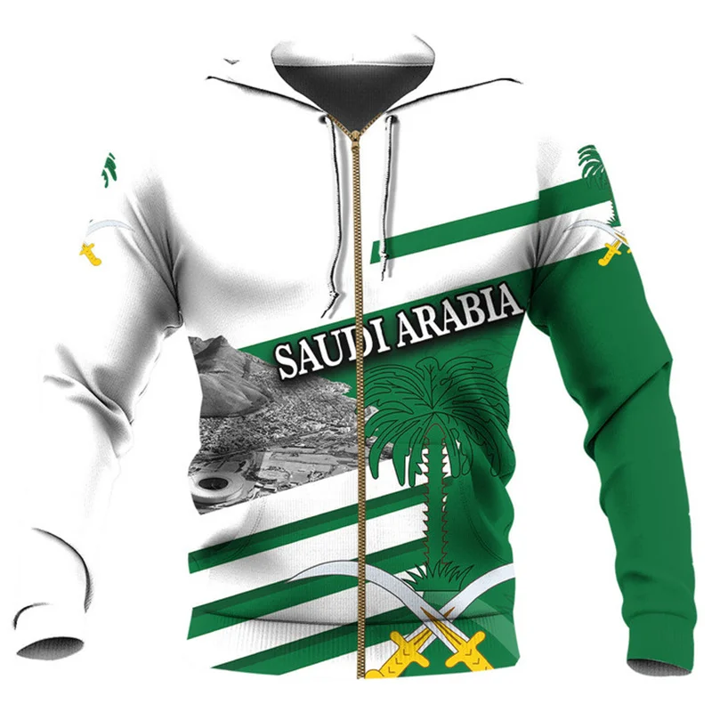 Vintage 3D Kingdom Of Saudi Arabia Map Printed Zip Up Hoodies Saudi National Day Graphic Zipper Hoodie Fashion Mens Clothing Top