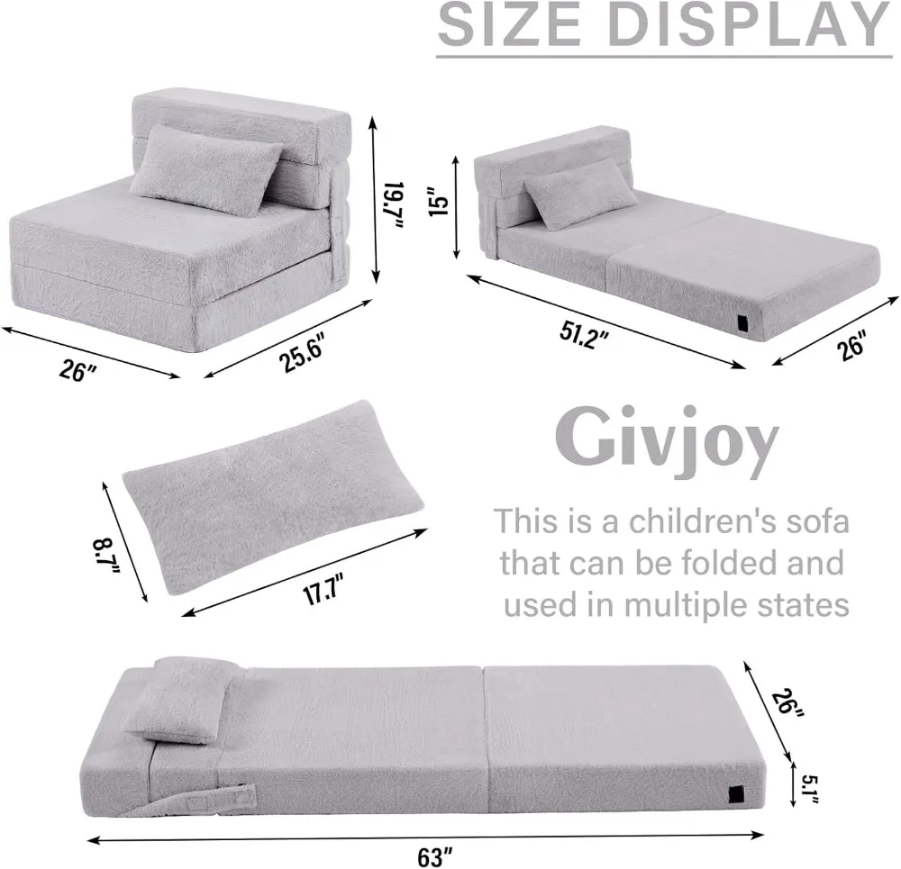 Kids Foldable Sofa Bed with Pillow, Washable Floor Mattress for Daycare, Portable Futon Chair with Storage Bag