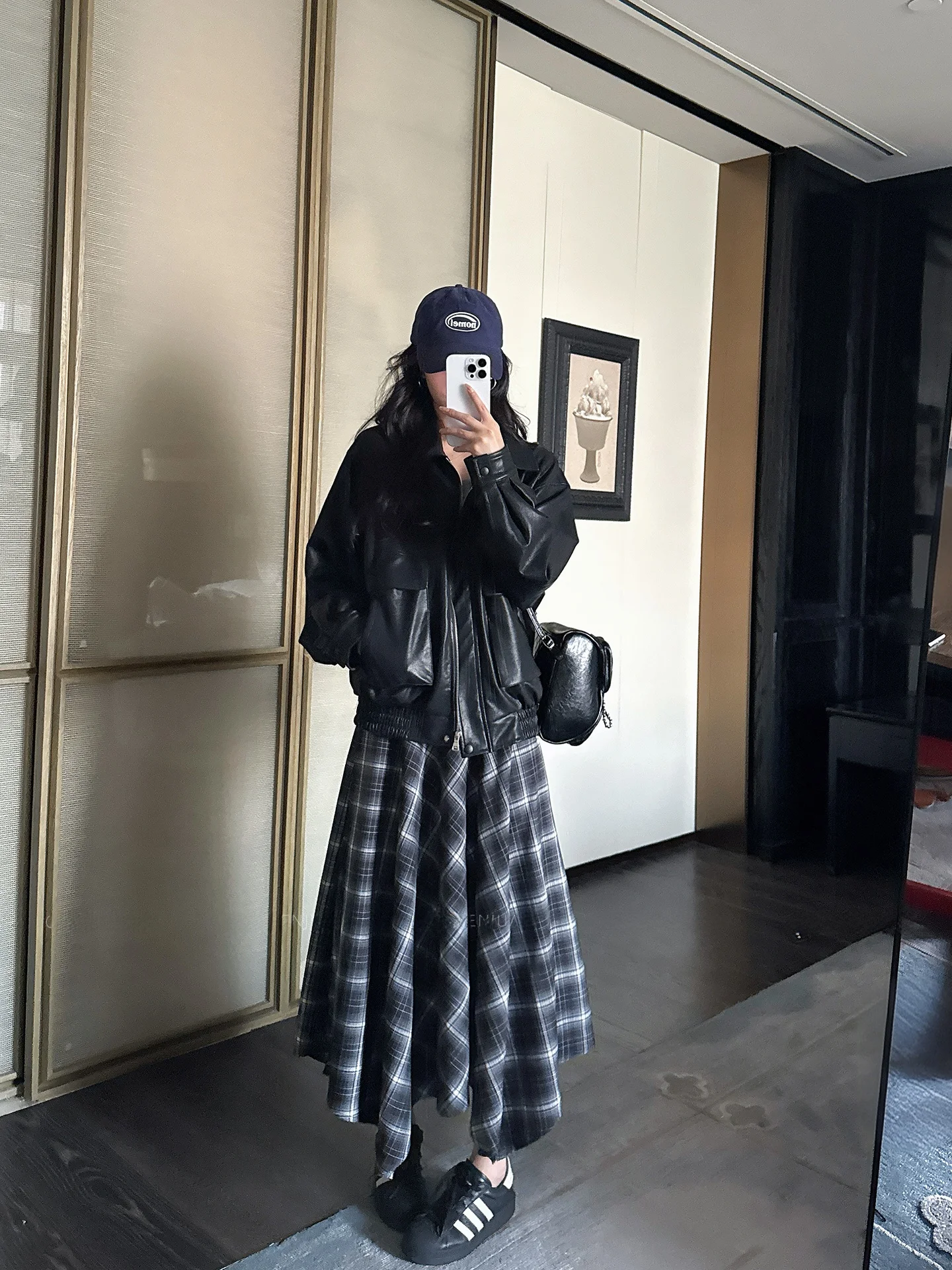 

Modern Trench Coat Style Women's Asymmetrical Plaid Skirt High Waist A-Line Midi Dress Black White Checkered Half-length