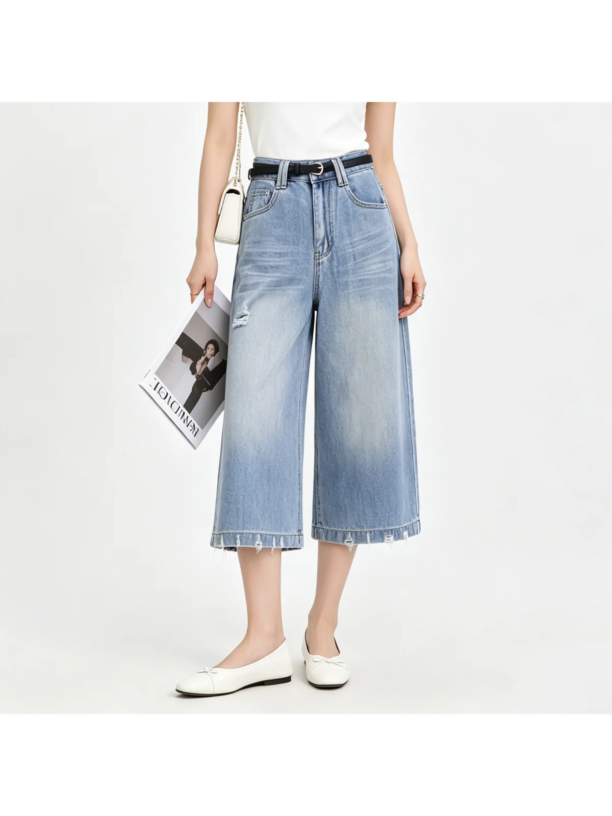 Vintage Feel Skin Friendly Breathable Korean Style Seven Inch Jeans Summer Versatile Drapey Slimming Low Waist Wide Leg Jeans