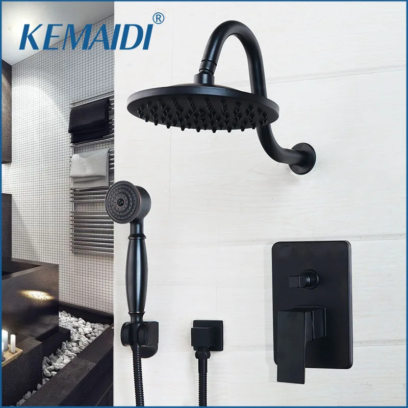 KEMAIDI 8 Inch Bathroom Rainfall Shower Faucet Black Round Head Wall Mounted Oil Rubbed Bronze head & Hand Shower Sets