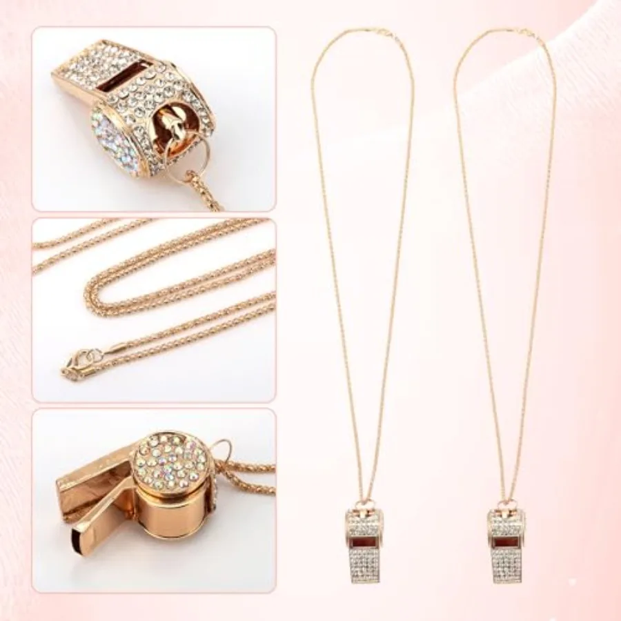 2 Buah Peluit Kristal Rhinestone Berkilau Kalung Logam Emas Peluit Suara Jernih dan Keras dengan Tali Rantai untuk Wasit Pelatih