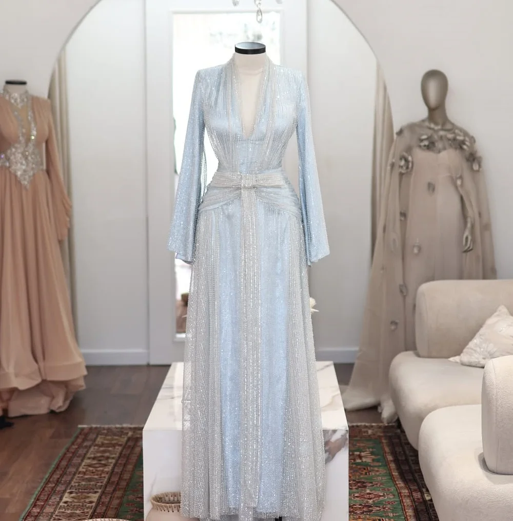 Customized Sizes Available Charmeuse Pleat Sequined A-line V-neck Long Bespoke Occasion Party Dresses Sexy