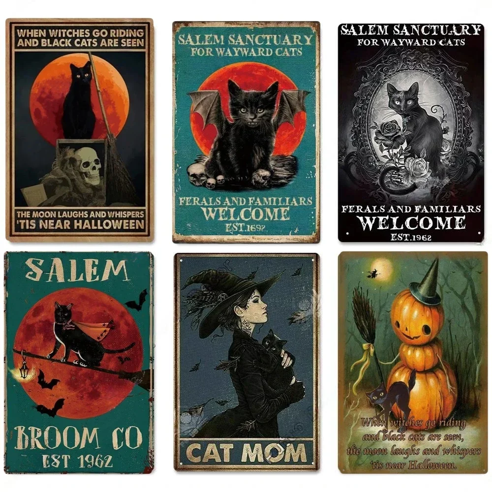 Halloween Black Cat Posters Vintaget Metal Signs Wall Decor Tin Plaque Metal Vintage Tin Sign for Living Room