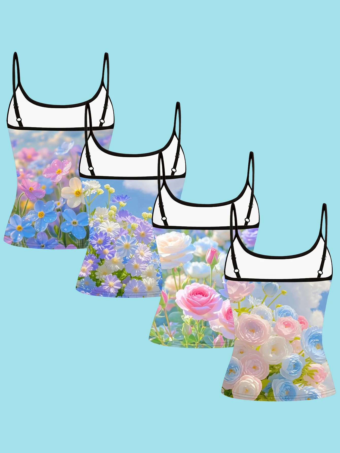 4-Piece Set of Women's Blue and Pink Rose Forget-Me-Not Print Spaghetti Strap Camisole Slim-Fit Base Layer Tops
