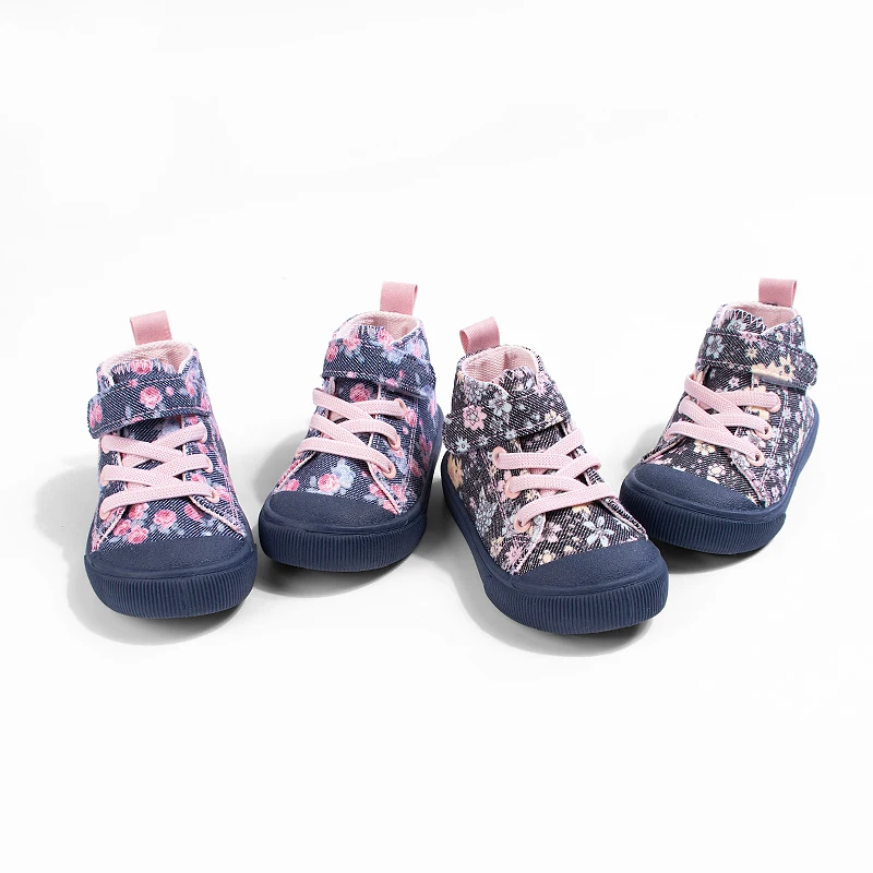 

Spring Autumn Girls Navy High Top Floral Canvas Shoes Cute Fashionable Soft Sole School Campus Season Hot Seller