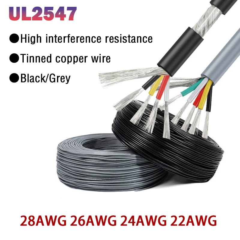 1 Meter Black/Grey UL2547 Signal Shielded Cable 2/3/4/5 Cores Tinned Copper Wire 28/26/24/22 AWG Control Headphone Audio Wires