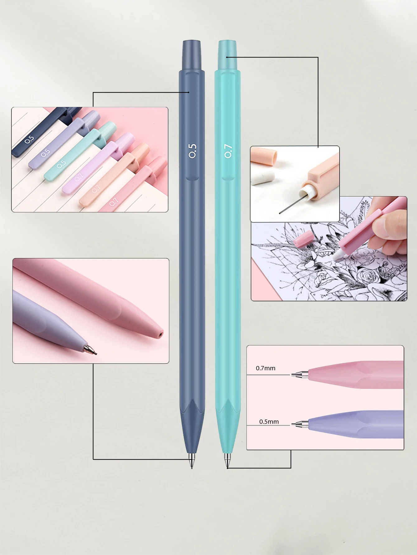 Niedliches pastellfarbenes Druckbleistift-Set, 0,5 mm und 0,7 mm, zwei Größen für präzises Schreiben, Kunstzeichnen, Skizzieren, Schulbedarf für Mädchen – Detail 5