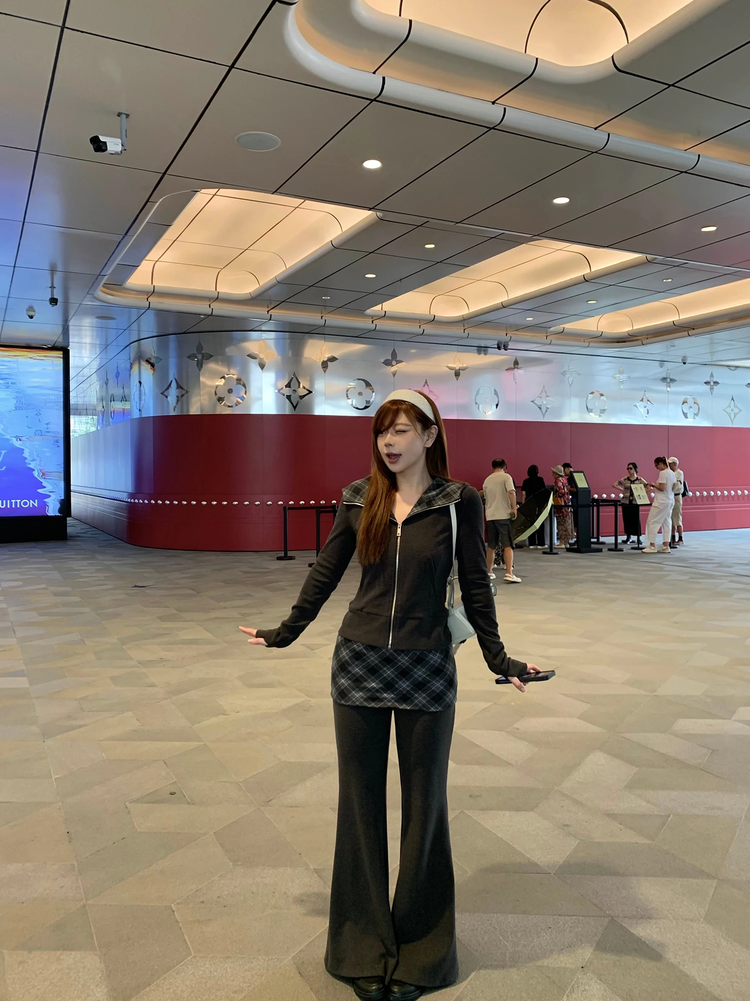 

Wild Spicy Curve Code plus Size Spring Plaid Hooded Open Cardigan Wide Leg Pants ort Skirt Set Casual High Waist Long Sve